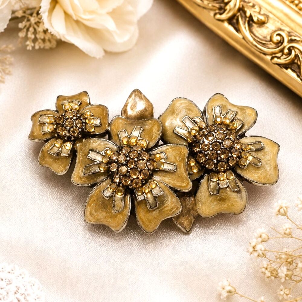 Chico's Silver Tone Enamel Rhinestone Floral Brooch Pin Signed 2.5"